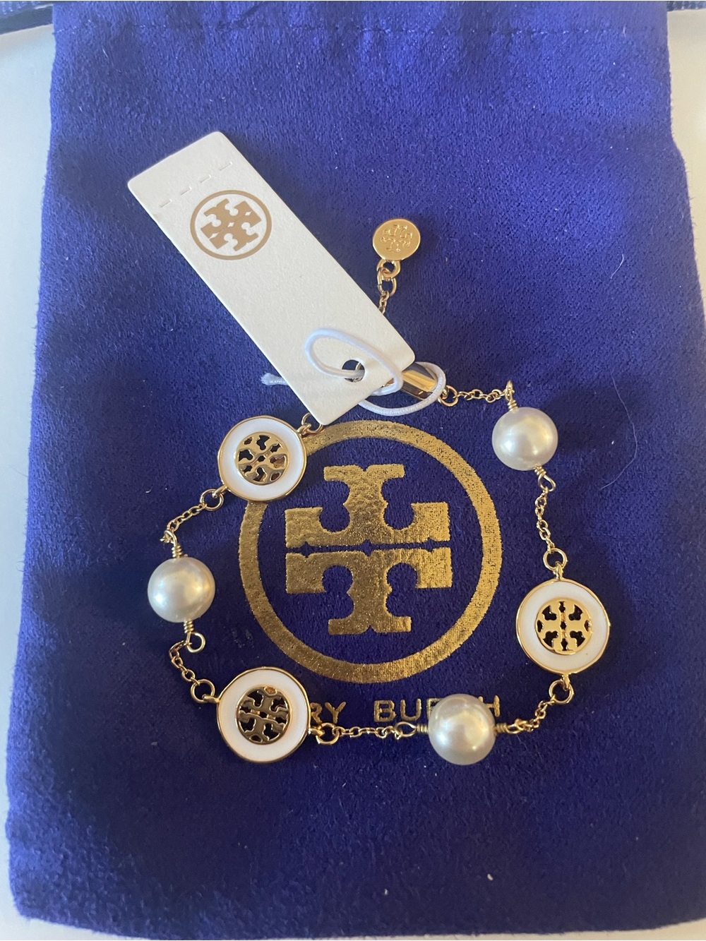 Tory Burch Gold-tone Chain Bracelet with White Enamel Logo Discs and Pearls